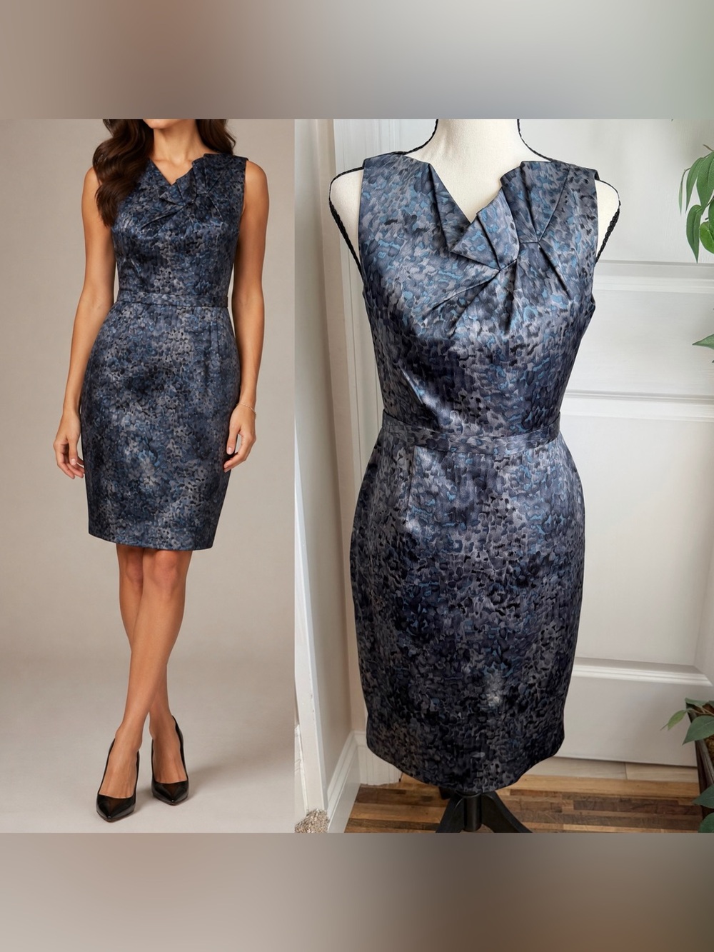 Tahari Satin Sleevelees Abstract Print Ruffle Neck Sheath Dress Blue Gray Sz 4